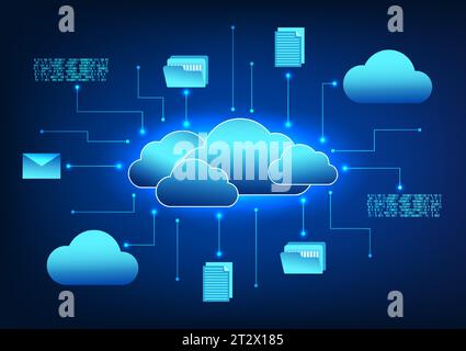 Cloud technology connected icons with circuits It means transferring data storage files through the cloud system. It is a system for storing data that Stock Vector