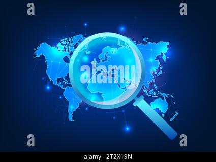Information search technology A magnifying glass that looks at the world map along with connecting lines It means finding information from all over th Stock Vector