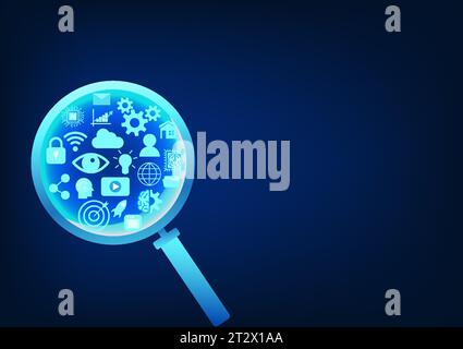 Search technology Magnifying glass looking at technology icons It refers to the use of technology to help find information more accurately and quickly Stock Vector