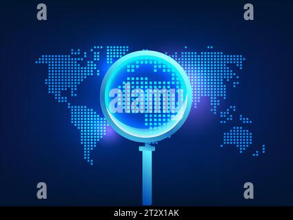 Search technology A magnifying glass that looks at the world map It means that information can be found all over the world through the internet networ Stock Vector