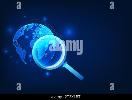 Search technology A magnifying glass that looks at the globe Equipped with technological connection lines It means finding information all over the wo Stock Vector