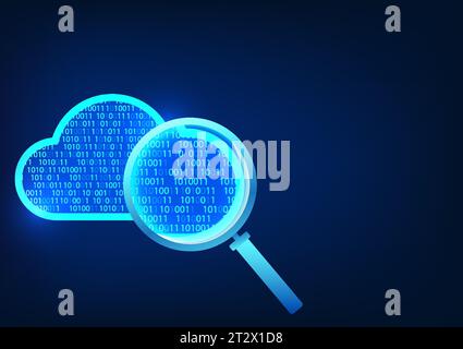 Information search technology A magnifying glass that shines into the clouds inside is a numerical code. It means finding data files in the cloud syst Stock Vector
