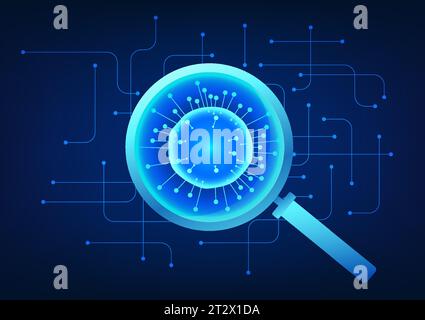 Search technology Magnifying glass that looks at viruses Equipped with a technological circuit board on the back. Refers to finding viruses on the tec Stock Vector