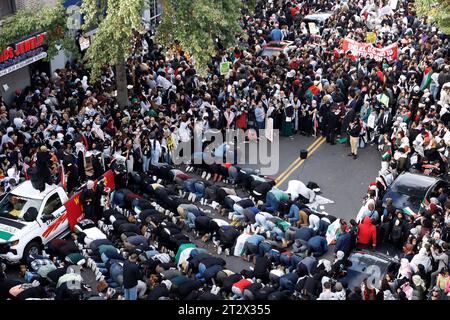 New York City, USA. 21st Oct, 2023. Palestinian suporters rally with signs and banners on October 21, 2023 in Bay Ridge Brooklyn a section of New York City. Hamas militants launched an assault by land, air and sea into Israel on the 50th anniversary of the Yom Kippur war, and Sukkot a Jewish holiday on Saturday leaving hundredths dead. Israel retaliated by launching air strikes into Gaza and vowing to 'inflict unprecedented price' on Hamas. (Photo by John Lamparski/Sipa USA) Credit: Sipa USA/Alamy Live News Stock Photo