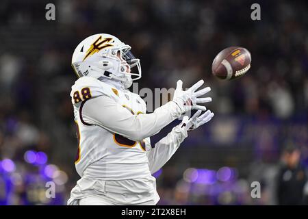 Seattle, WA, USA. 21st Oct, 2023. Arizona State Sun Devils wide receiver Coben Bourguet (88) brings in a ball during warmups before the NCAA football game between the Arizona State Sun Devils and Washington Huskies at Husky Stadium in Seattle, WA. Steve Faber/CSM/Alamy Live News Stock Photo