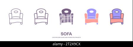 set icon of Sofa, couch line icon, outline vector sign, linear style pictogram isolated on white. Furniture symbol, logo illustration Stock Vector