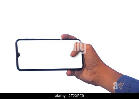 male teen hand taking photo with generic smart-phone, isolated on white. Stock Photo