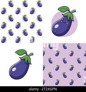 Set of Cute Kawaii Eggplant patterns. Food vegetable flat icon. Cartoon Eggplant seamless pattern, doodle style. Vector hand drawn illustration. Patte Stock Vector