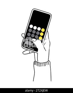 Hand holding phone with calculator app on screen. Stock Vector