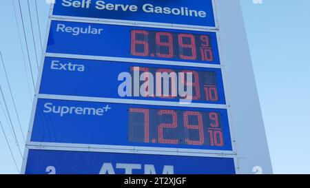 Los Angeles, California, USA 21st October 2023 A general view of atmosphere of Mobil Oil Gas Prices Sign $7.29 on October 21, 2023 in Los Angeles, California, USA. Photo by Barry King/Alamy Stock Photo Stock Photo