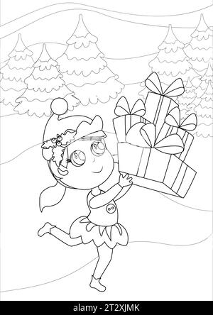 Coloring Pages. The elf runs with gifts in his hands. The girl is happy and smiling and she is delighted. Stock Vector