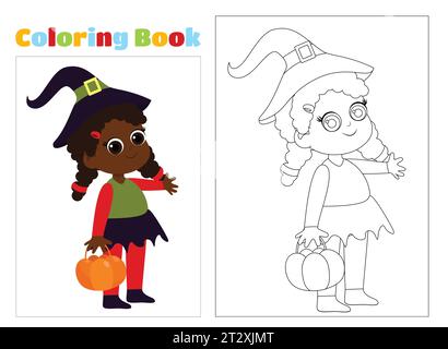Coloring page. A witch in a hat in a costume with a basket in her hands. Stock Vector