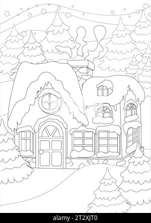 Coloring Pages. Night or evening on the eve of Christmas and a cozy house among fir trees. Christmas trees and the roof are covered with snow. Stock Vector