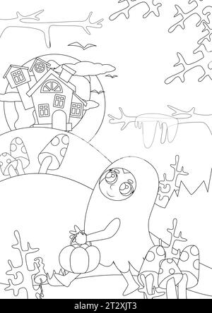 Coloring page. A small child is dressed in a ghost costume and goes to the castle on the mountain. The child is very cute. Stock Vector