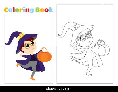 Coloring page. A child in a wizard costume and a hat runs with a candy basket. Halloween character is joyful and happy. Cartoon illustration isolated Stock Vector