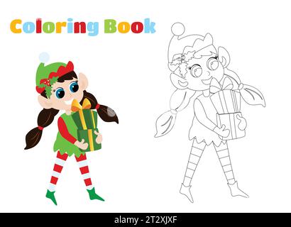 Coloring page. A cute elf girl in a traditional costume with pigtails carries boxes of Christmas gifts. Christmas character illustration in cartoon st Stock Vector