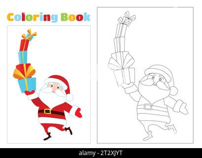Coloring page. Santa Claus brings many gifts. Santa is cheerful and funny and the boxes are about to fall. Character design. Stock Vector