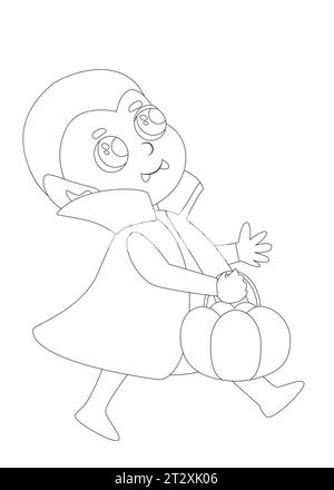 Coloring Pages. A small cute child dressed as a vampire or Count Dracula walks merrily with a candy pumpkin basket. Halloween character. Stock Vector