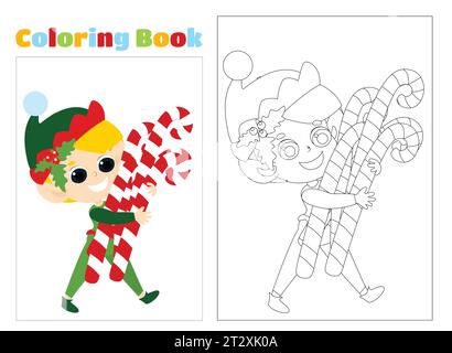 Coloring page. A happy little elf is carrying Christmas men in his hands. The boy is dressed in a traditional red and green suit. Stock Vector