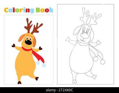 Coloring page. A happy and joyful Christmas deer is dancing or running. Cartoon character. Stock Vector