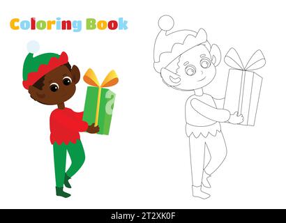 Coloring page. Happy cute elf holds a box with a gift in his hands. The child is very happy. Christmas vector illustration in cartoon style. Stock Vector