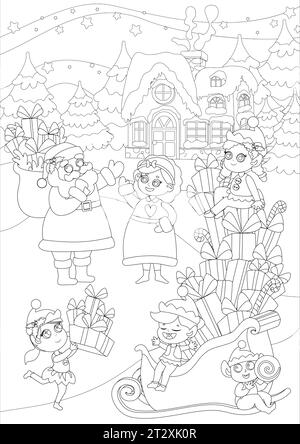 Coloring page. The scene near the house of Santa Claus. Under the evening sky stands Santa and Mrs. Santa, there are huge sleighs with presents. Stock Vector