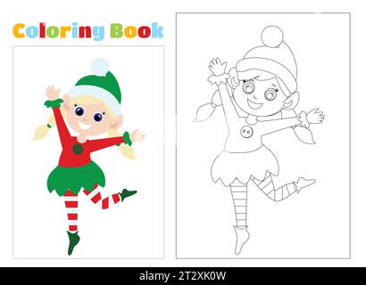 Coloring page. Little cute elf girl is jumping in delight. The child is dressed in an elf costume and she is happy. Cartoon vector illustration. Stock Vector