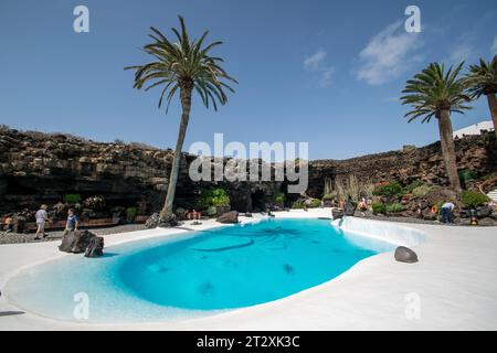 a man-made tropical beach located in the volcanic caves of Lanzarote. Stock Photo