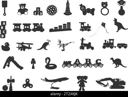 Kids toy silhouettes, Children toys silhouette, Baby toy silhouettes, Toys svg, Toys silhouette icon set Stock Vector