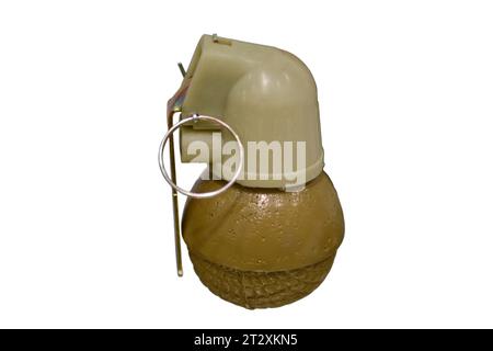 A military training grenade designed to simulate an explosion during soldier education, isolated on white background. Stock Photo