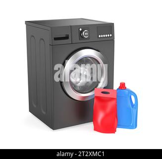 Red washing powder bag and blue liquid detergent bottle in front of black washing machine Stock Photo
