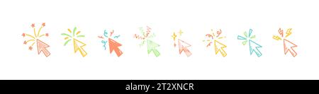 Holiday firework, sparkle and glitter arrow pointers. Doodle click cursor. Merry Christmas and happy new year design element. Festive sketch vector il Stock Vector