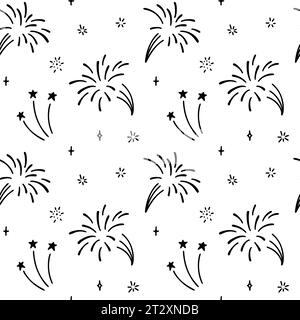 Cute line doodle firework seamless pattern. Vector illustration. Holiday event design. Christmas salute. Stock Vector