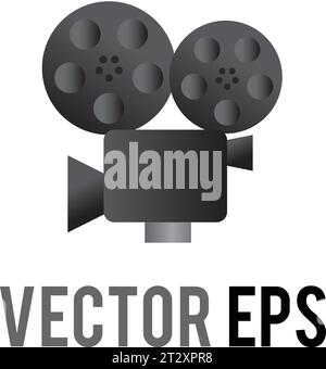 The isolated vector gray and black classic movie camera icon with two mounted reels of film, viewfinder, and lens, used for content concerning movies, Stock Vector