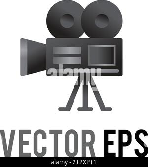 The isolated vector gray and black classic movie camera icon with two mounted reels of film, viewfinder, and lens, used for content concerning movies, Stock Vector