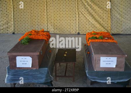 Kathmandu, NE, Nepal. 22nd Oct, 2023. Coffin of a Nepali student killed in Hamas attack in Israel arrives at Tribhuvan International Airport, Kathmandu, Nepal on October 22, 2023. (Credit Image: © Aryan Dhimal/ZUMA Press Wire) EDITORIAL USAGE ONLY! Not for Commercial USAGE! Stock Photo