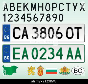 Bulgaria car license plate with green electric pattern, letters, numbers and symbols, vector illustration, European Union Stock Vector