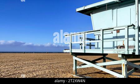 Closed lifeguard hut on the famous Santa Monica beach in California in the United States of America, the setting for thousands of movies and series. Stock Photo