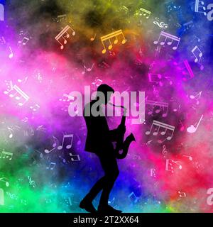 silhouette man playing saxophone and music notes all around Stock Photo