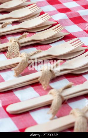 Wooden cutlery, tied with hessian jute fabric, on a gingham fabric. Eco friendly biodegradeable recycling plastic free takeaway concept Stock Photo