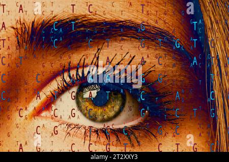 macro of a woman eye and genetic DNA sequence Stock Photo