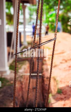 Industrial background. Rebar texture. Rusty rebar for concrete pouring. Steel reinforcement bars. Construction rebar steel work reinforcement. Closeup Stock Photo