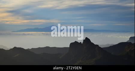 Beautiful sunset seen from summit of Gran Canaria Island with the Tenerife Island in the background, Canary Islands, Spain Stock Photo