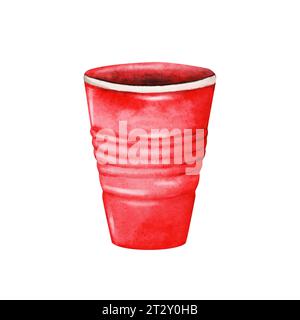 Red plastic disposable cup. Hand drawn watercolor illustration isolated on white background. Pink glass for cocktails, water and soft drinks Stock Photo