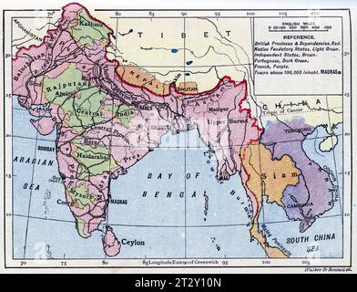 map of India and Asia circa 1910 from a school geography text book Stock Photo