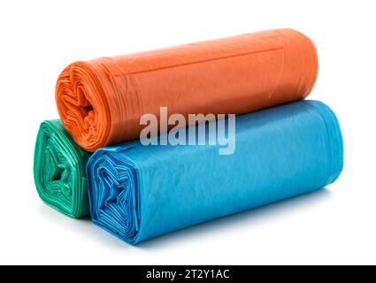 Rolls  of disposable trash bags isolated on white background Stock Photo