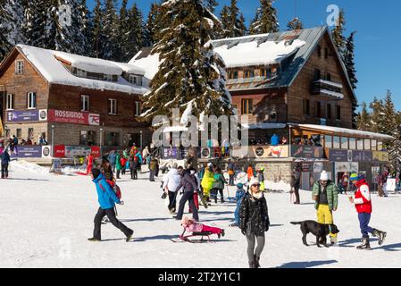 People, visitors and skiers, enjoying the sunny Winter day at Aleko Hut in Vitosha Mountain above Sofia, Bulgaria, Eastern Europe, Balkans, EU Stock Photo