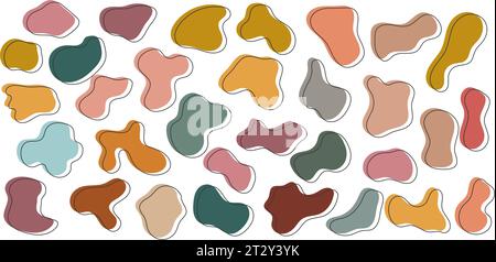 Amoeba blob, organic abstract shape. Set of Liquid amorphous shapes, fluid blotch pastel color with black line. Stock Vector