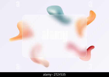 Glass morphism effect with translucent rectangular card or frame on a colorful gradient of liquid rounded shapes. Stock Vector