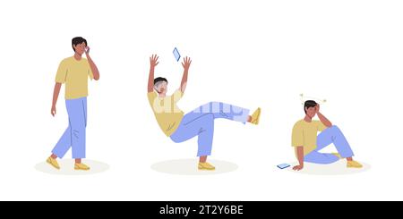 Young man walking and talking on a smartphone, stumbles and falls, sits on the ground with a head injury. Concept of danger of using mobile phone Stock Vector